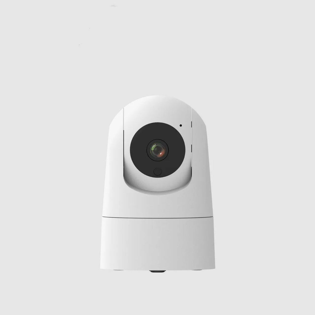 White indoor security camera with wide-angle lens on a shelf, showing compact 80x80x115mm size.