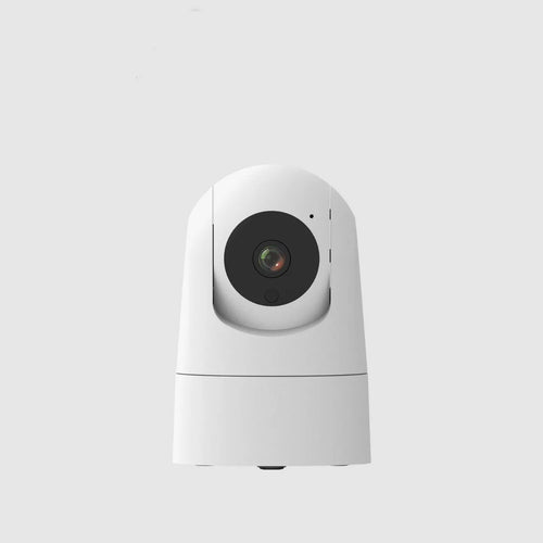 White indoor security camera with wide-angle lens on a shelf, showing compact 80x80x115mm size.