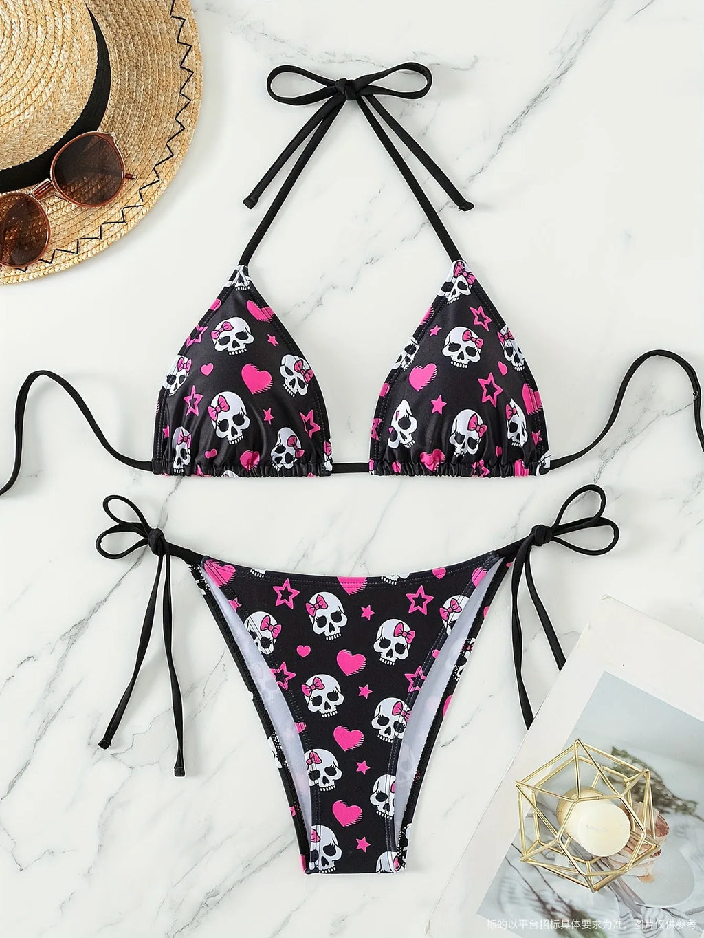 Women's spider print backless bikini set with triangle cups and matching shorts