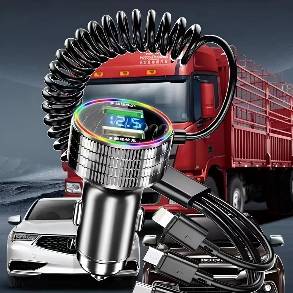 Colorful light-level fast charging car phone charger with three-in-one cable metal plastic 320W black silver