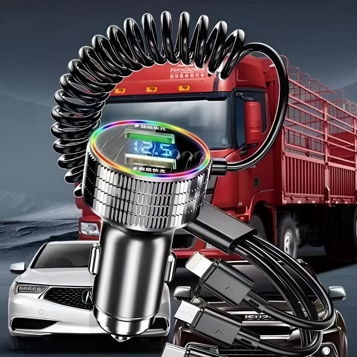 Colorful light-level fast charging car phone charger with three-in-one cable metal plastic 320W black silver