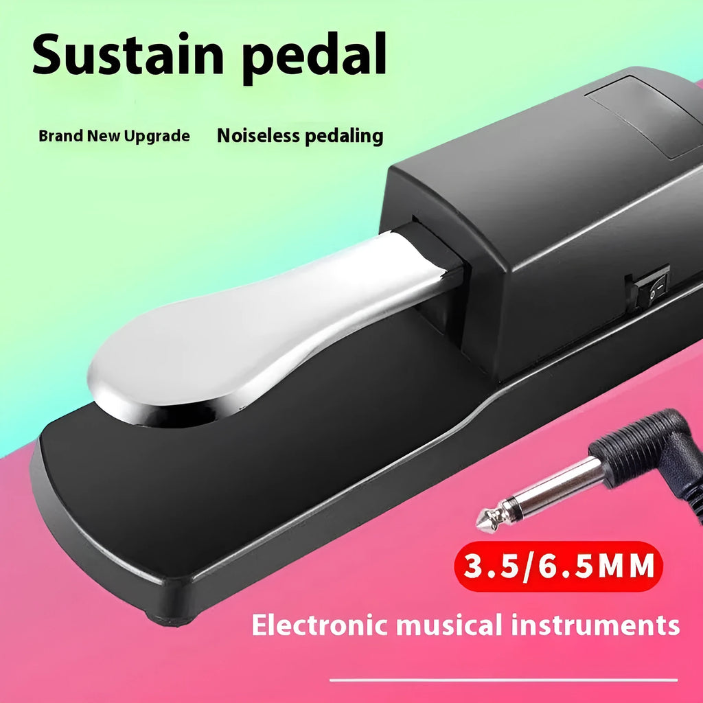 Universal single leg sustain pedal for electronic keyboards with black ABS housing and anti-slip rubber base.