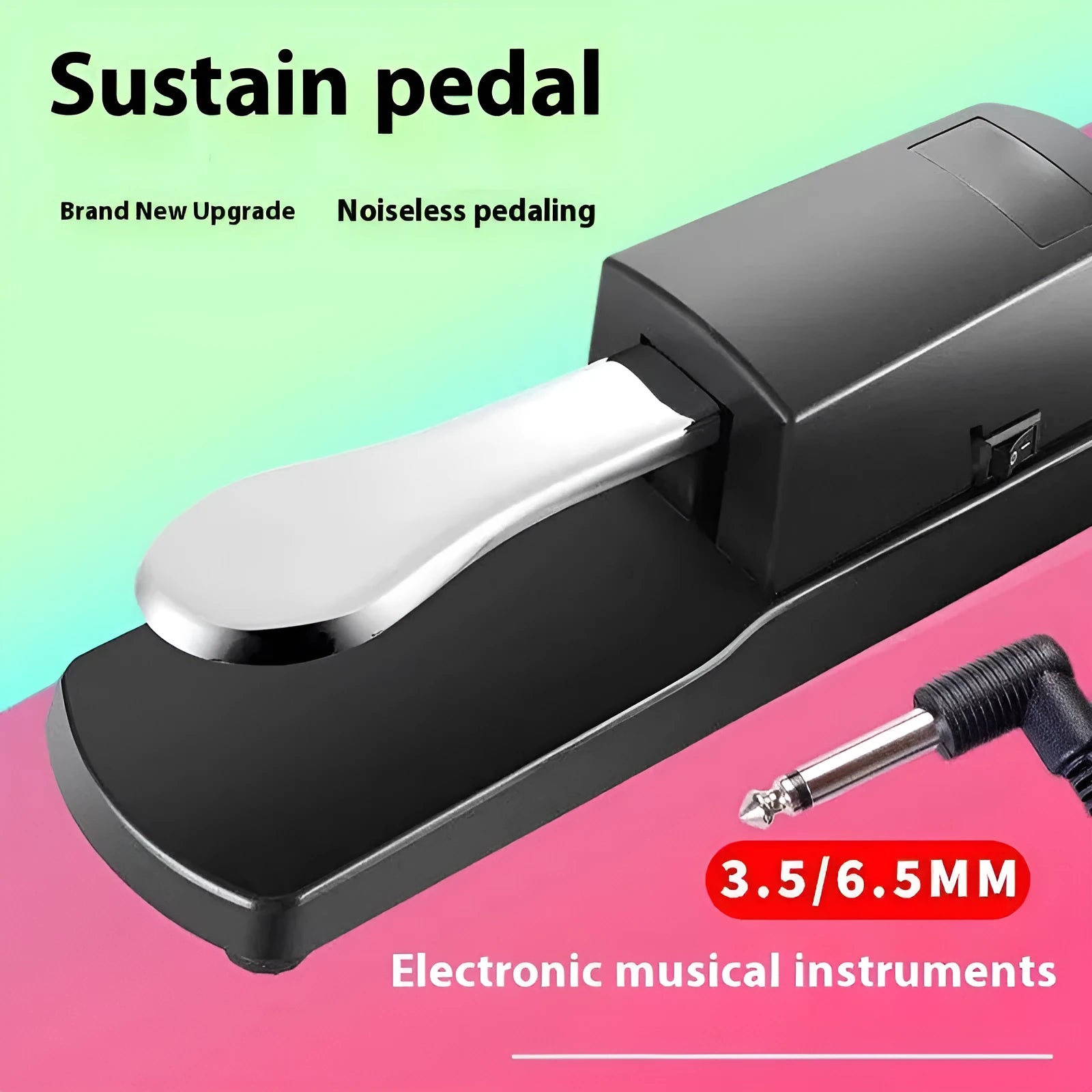Universal single leg sustain pedal for electronic keyboards with black ABS housing and anti-slip rubber base.