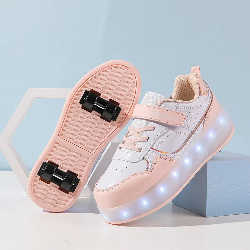 Children's LED flash rollerskates showing 2-wheel and 4-wheel models in multiple colours with illuminated wheels
