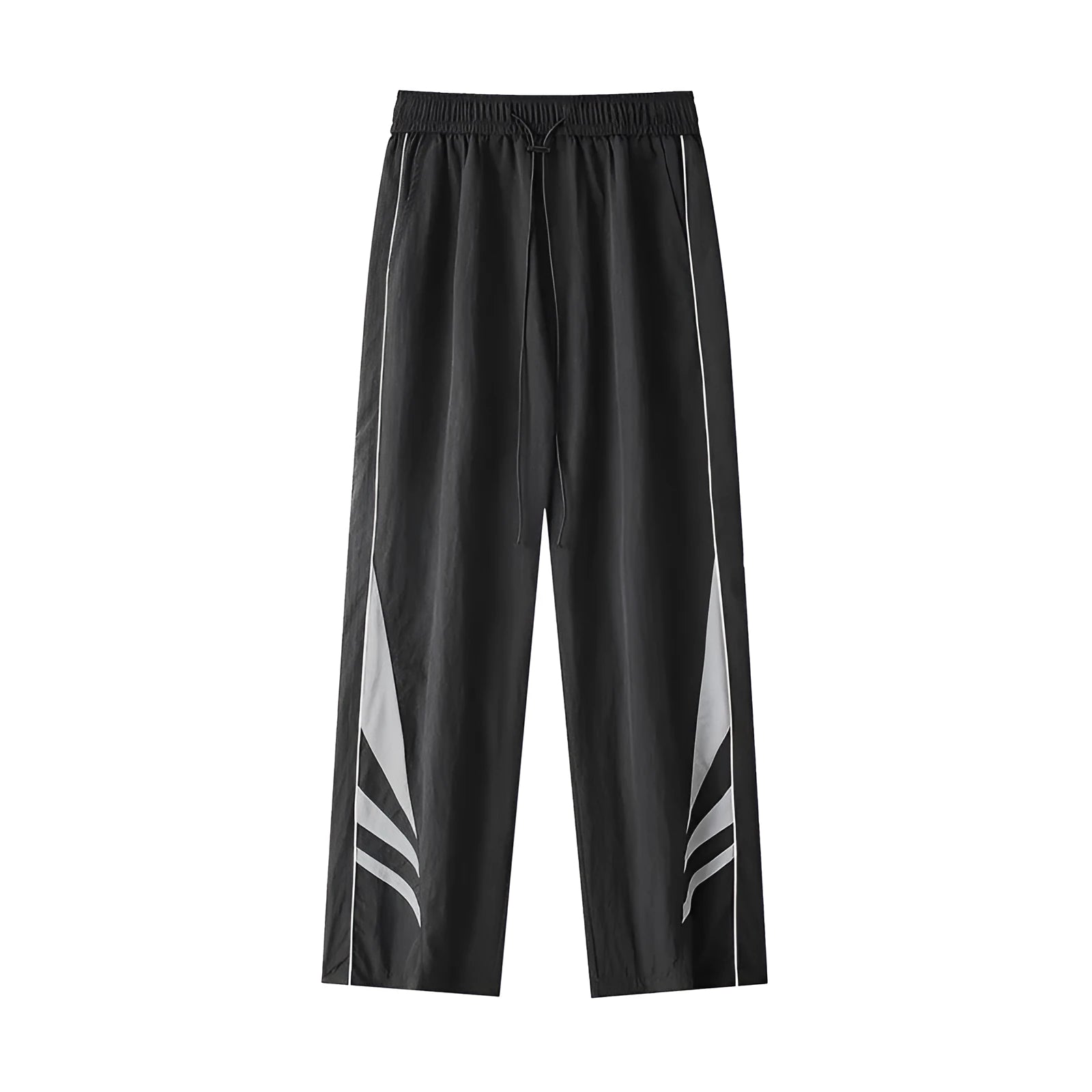 A man wearing black straight-leg loose-fit casual sports trousers for summer.