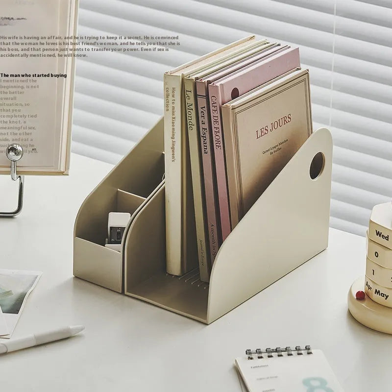 Two-layer plastic desktop storage box in milk coffee colour measuring 14.5x17x22cm