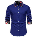 Men's blue plaid long sleeve shirt with a triangle collar and contrasting trim.