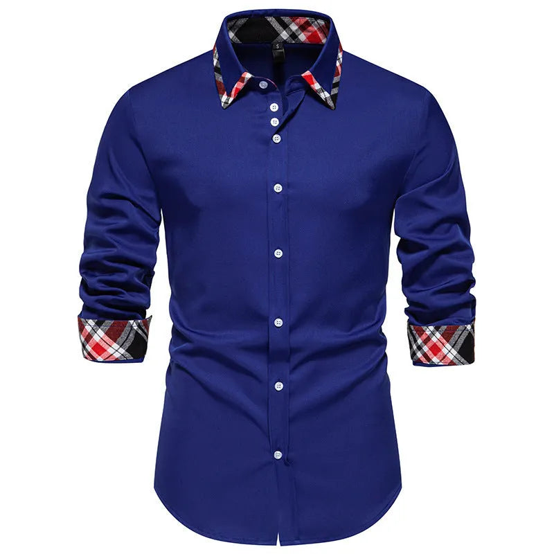Men's blue plaid long sleeve shirt with a triangle collar and contrasting trim.