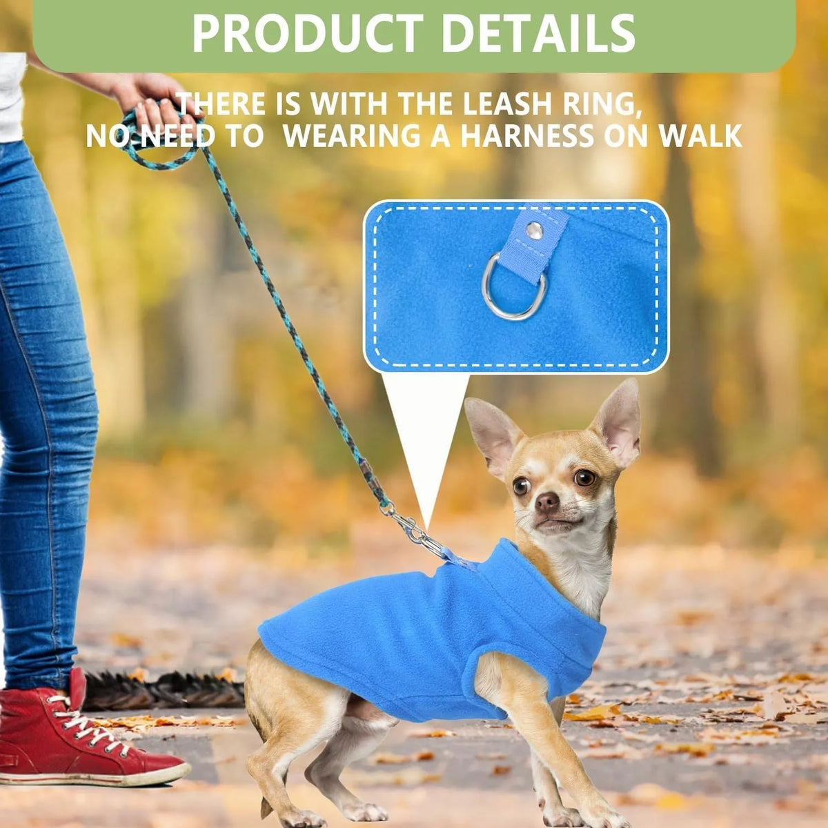Two warm fleece dog sweaters with D-ring for leash attachment, suitable for small breeds in autumn and winter