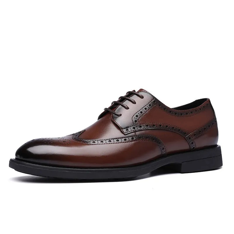 Men's black and brown brogue style shoes with a PU leather upper for business wear.