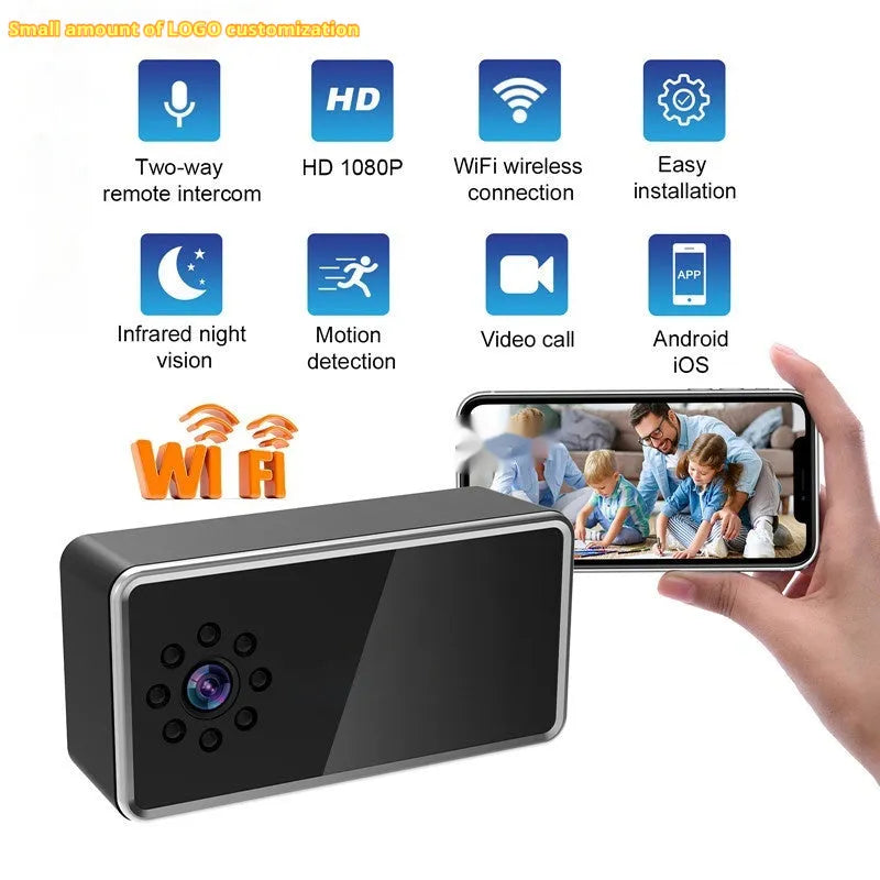 Compact wireless home surveillance camera on a table