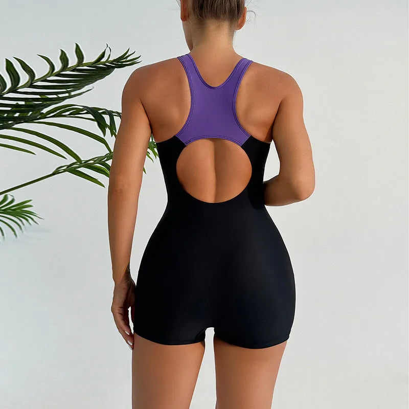 Women's stitched backless one-piece polyester swimsuit with floral print in blue