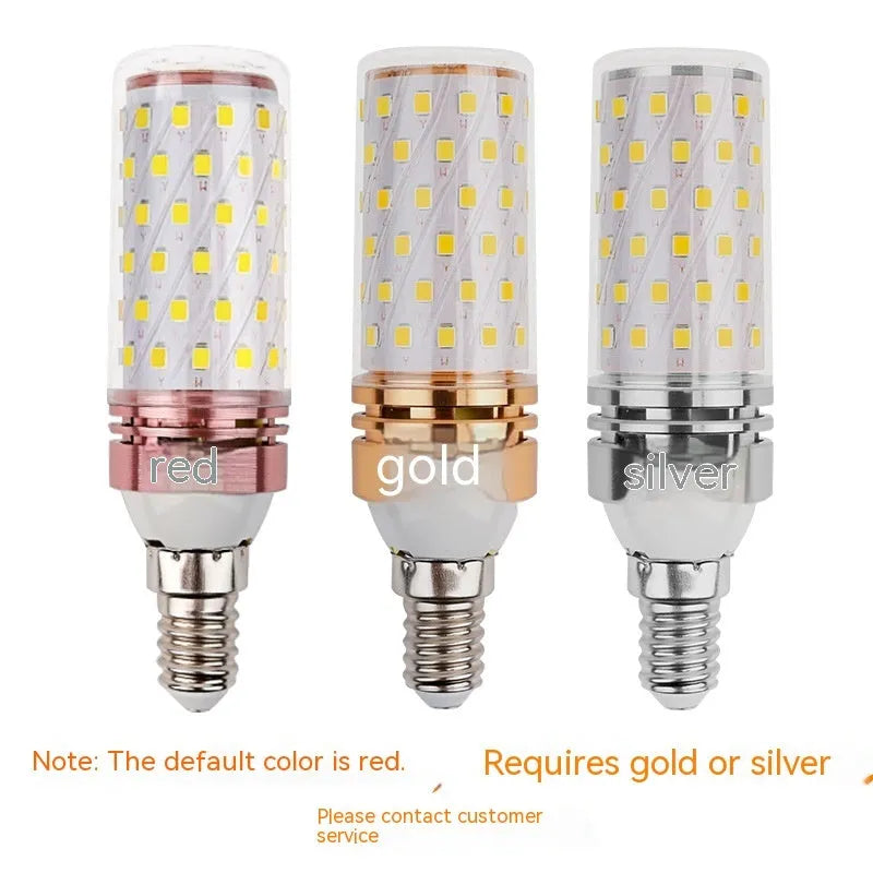 E14 screw base 12W LED corn light bulb with three colour temperature options shown.