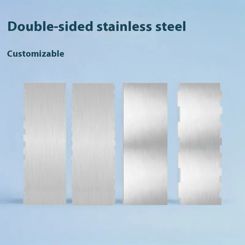 Stainless steel cake decorating scraper with a patterned polygon edge on a kitchen worktop.