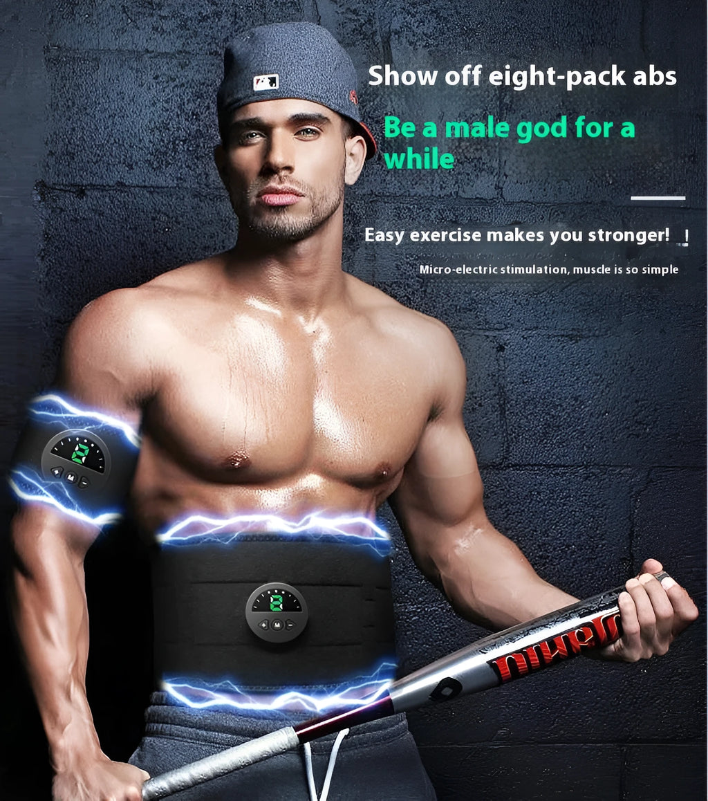 EMS fitness belt with adjustable strap and host unit for waist and abdomen workouts.