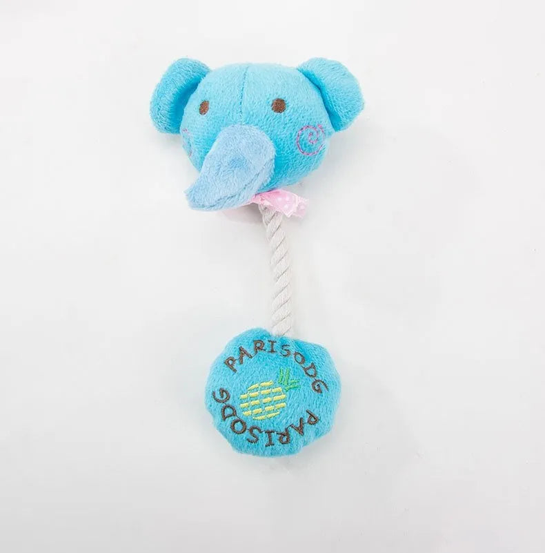 Interactive plush dog toy with sound module and cotton rope in animal designs