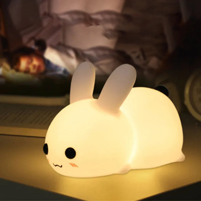 Colorful rabbit silicone LED night light in white with touch switch and double colour light modes
