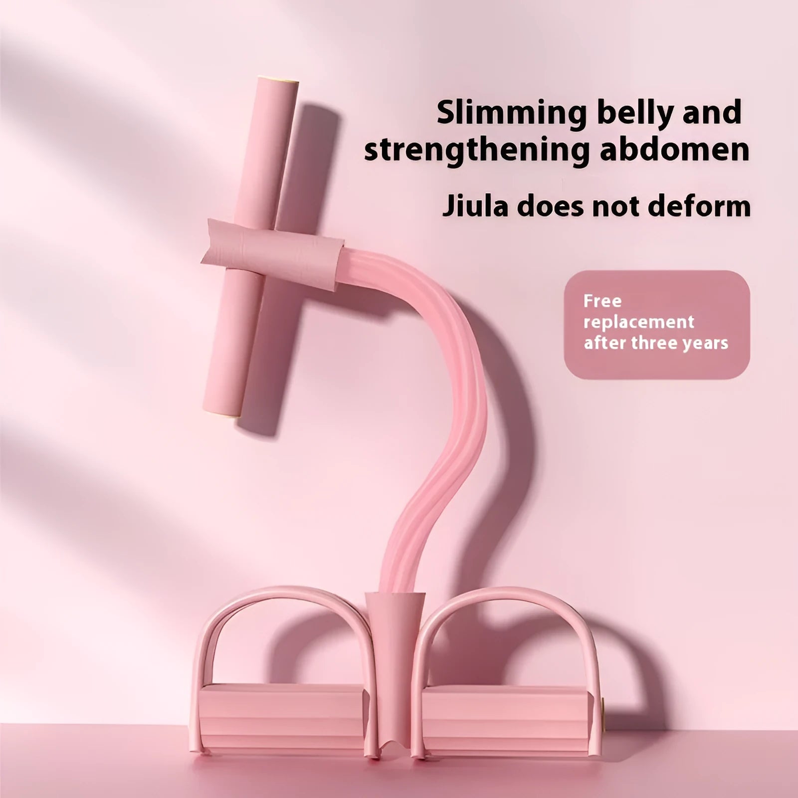 Purple and blue home fitness slimming pedal with adjustable tension and two detachable elastic puller ropes with handles.