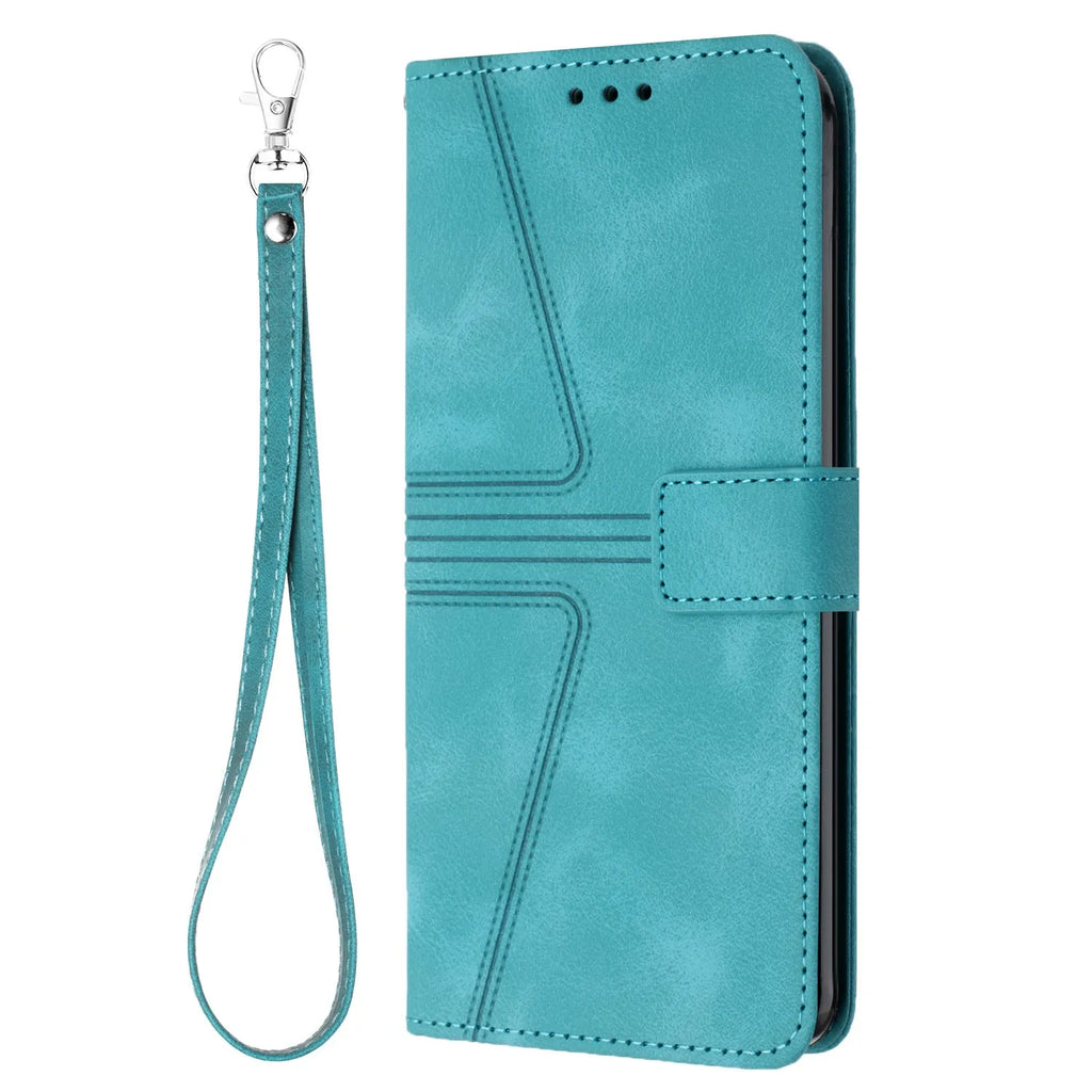 Blue geometric embossed flip card leather case for Samsung with short hand strap