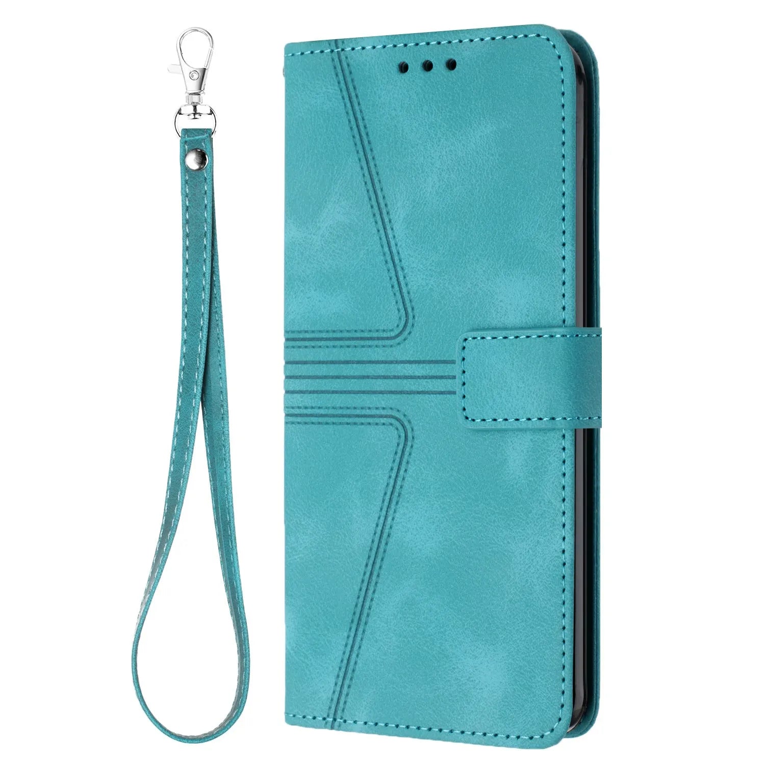 Blue geometric embossed flip card leather case for Samsung with short hand strap