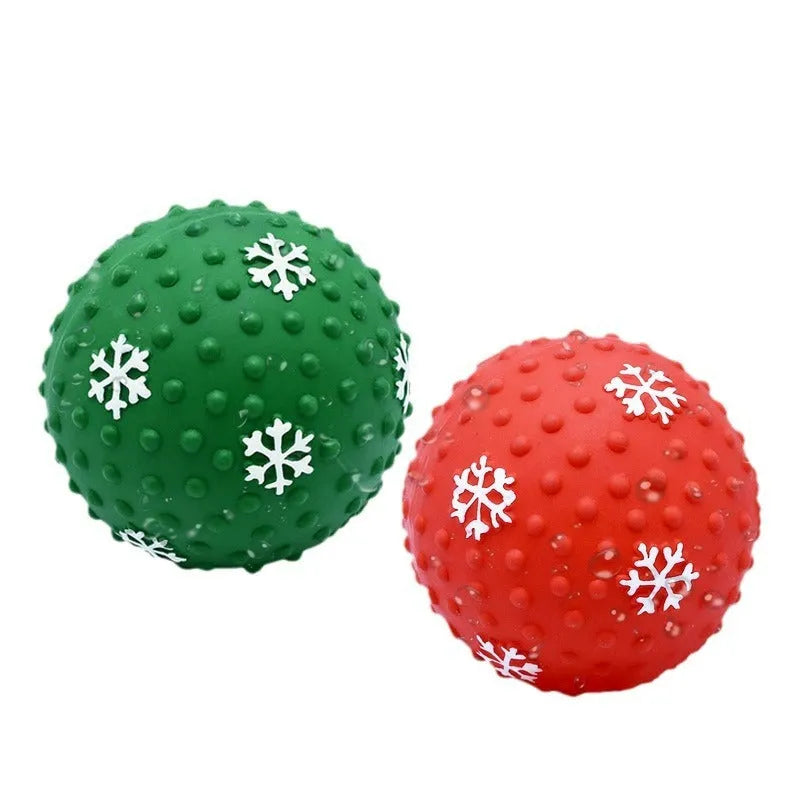 Red and green Christmas dog toy balls with snowflake patterns for small medium dogs