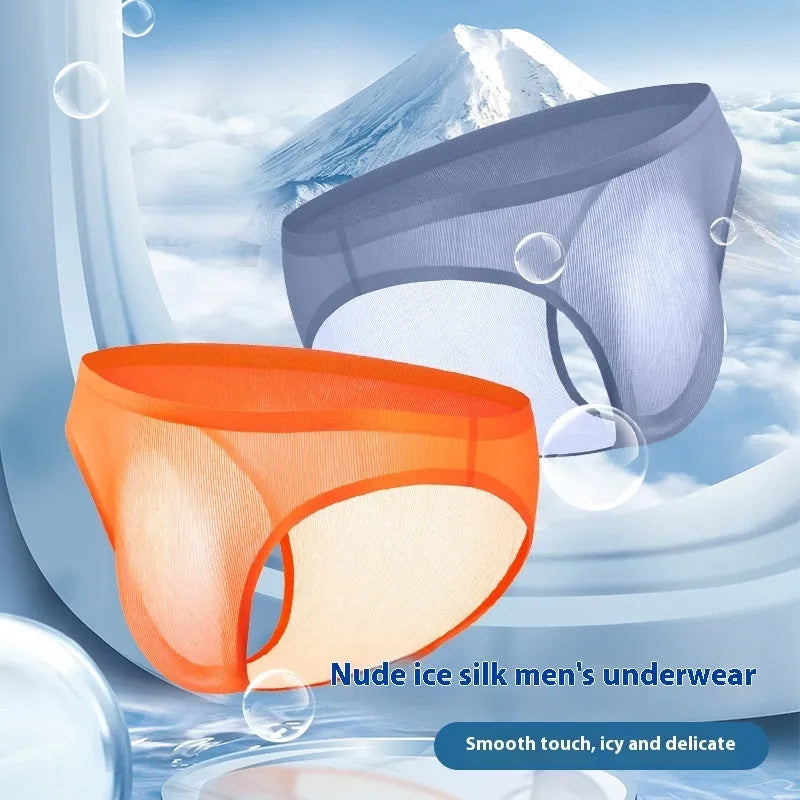 Men's seamless ice silk underwear briefs in striped colours on a white background