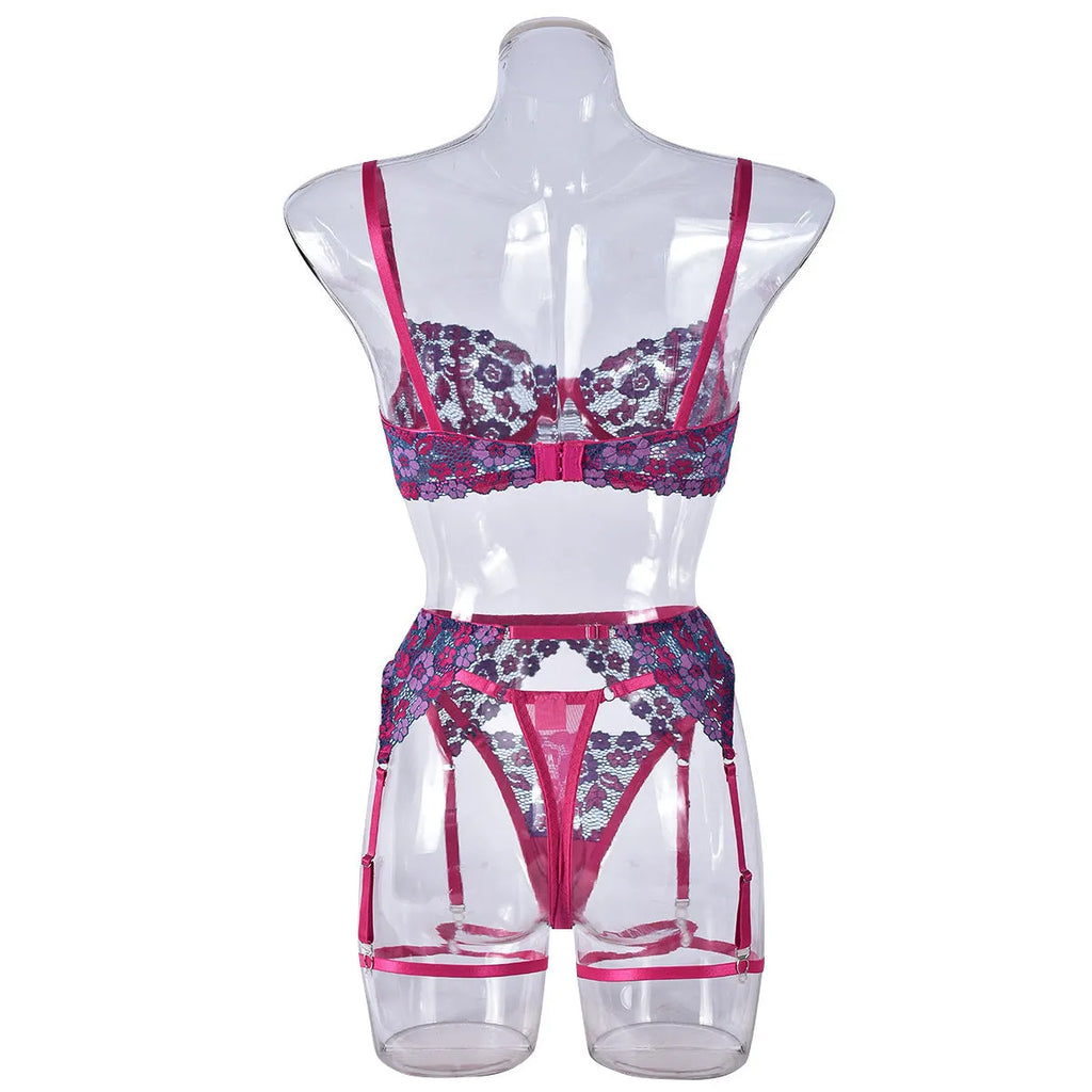 Rose red women's bikini with contrast embroidery detail, polyester fabric construction