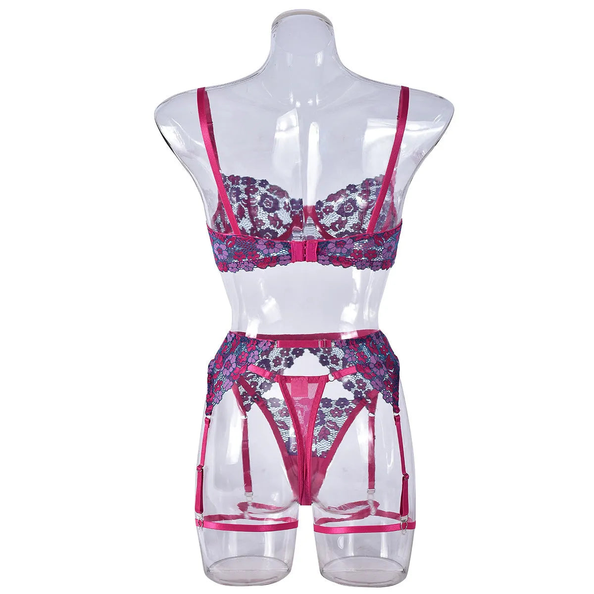 Rose red women's bikini with contrast embroidery detail, polyester fabric construction