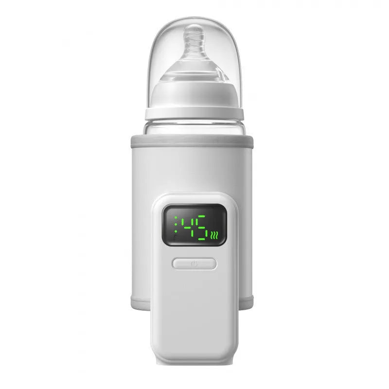 White portable constant temperature milk warmer with charging cable, made from ABS material