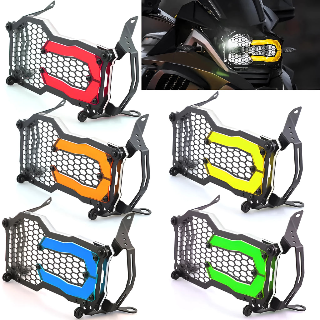 Quick-release steel and acrylic headlight protective cover for BMW GS motorcycles in multiple colour options.
