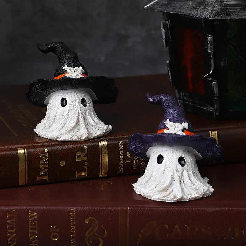 Handmade resin wizard hat ornament in black and purple for Halloween and Christmas decoration.