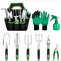 9-piece green aluminium alloy garden tool set with silicone two-colour handles for nursery seedling cultivation