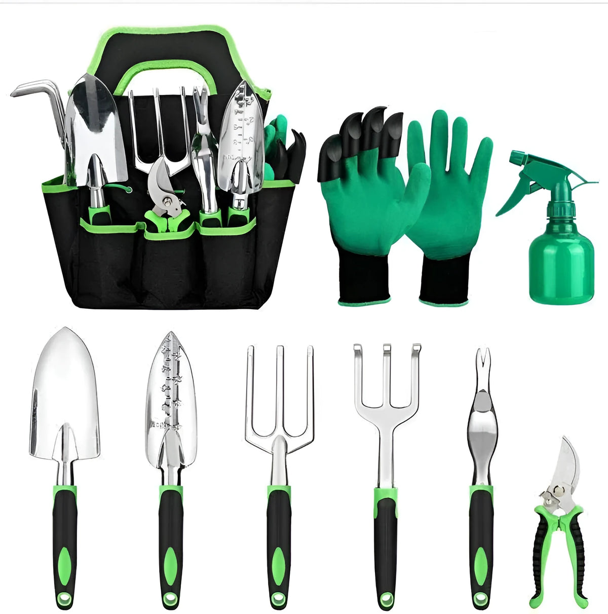 9-piece green aluminium alloy garden tool set with silicone two-colour handles for nursery seedling cultivation