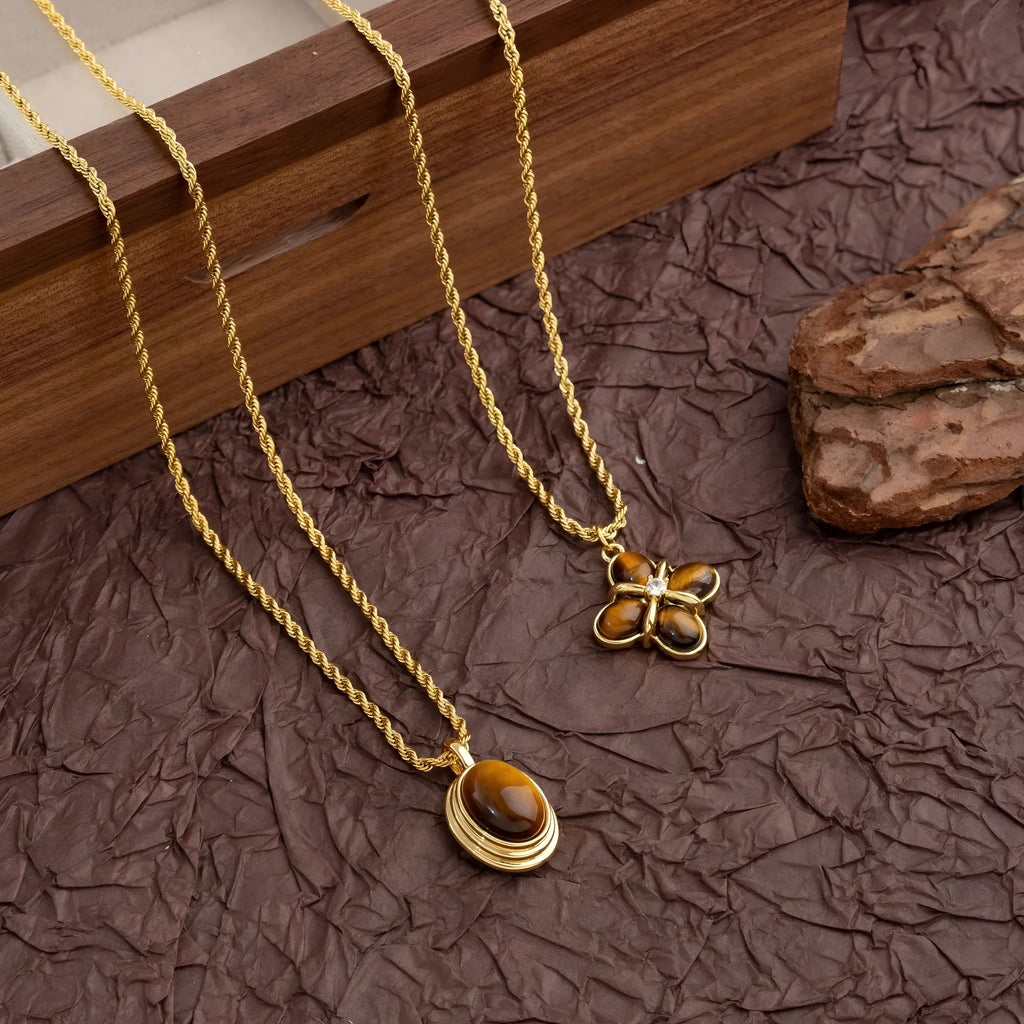 Natural tigereye titanium steel necklace with geometric pendant on regular chain
