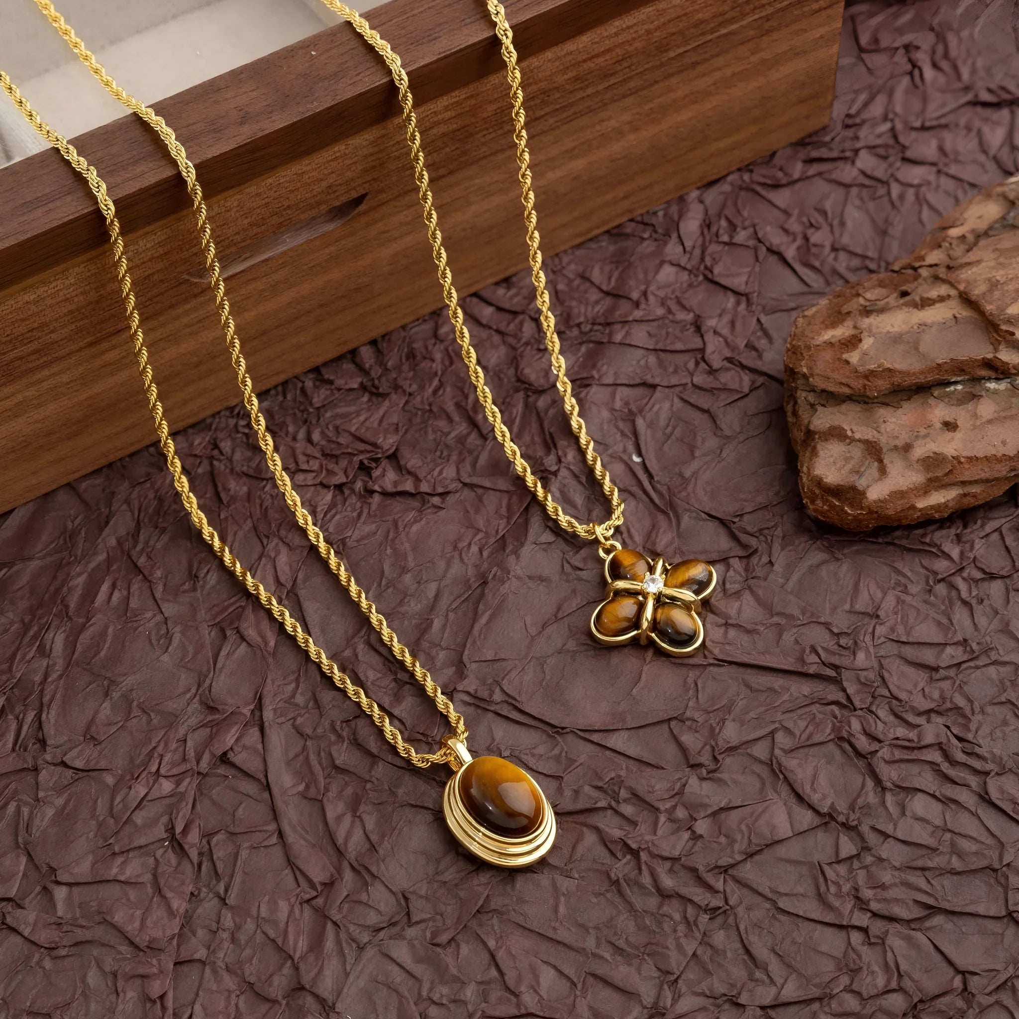 Natural tigereye titanium steel necklace with geometric pendant on regular chain