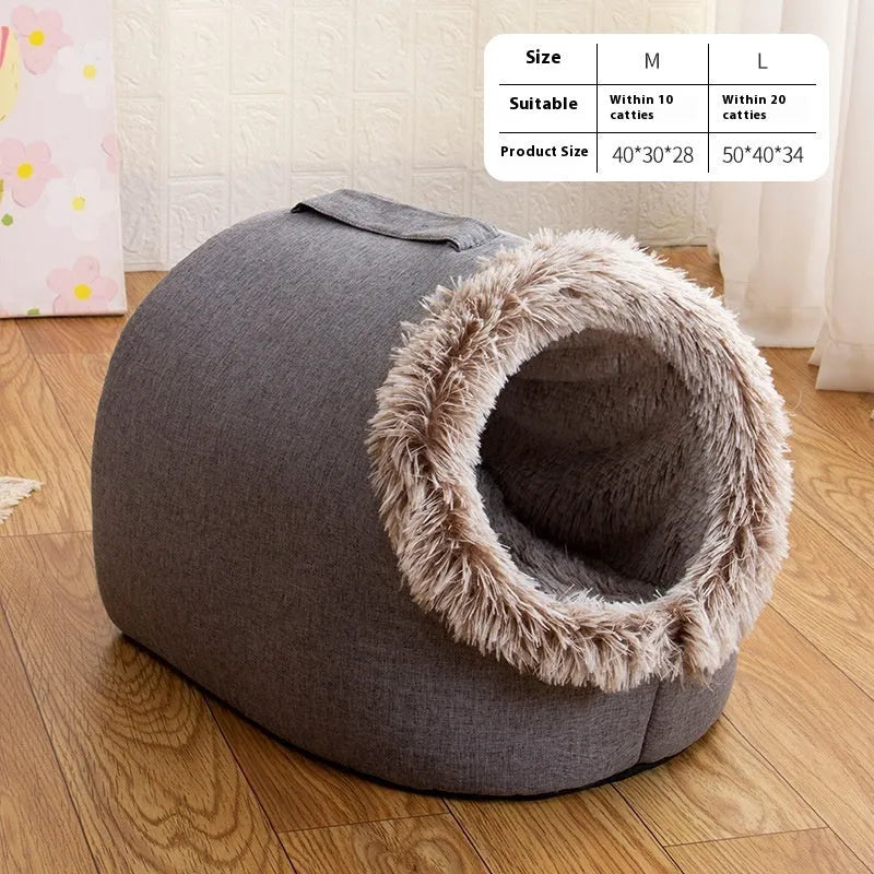 Grey fleece-lined closed cat sleeping bag nest measuring 50x40x34cm
