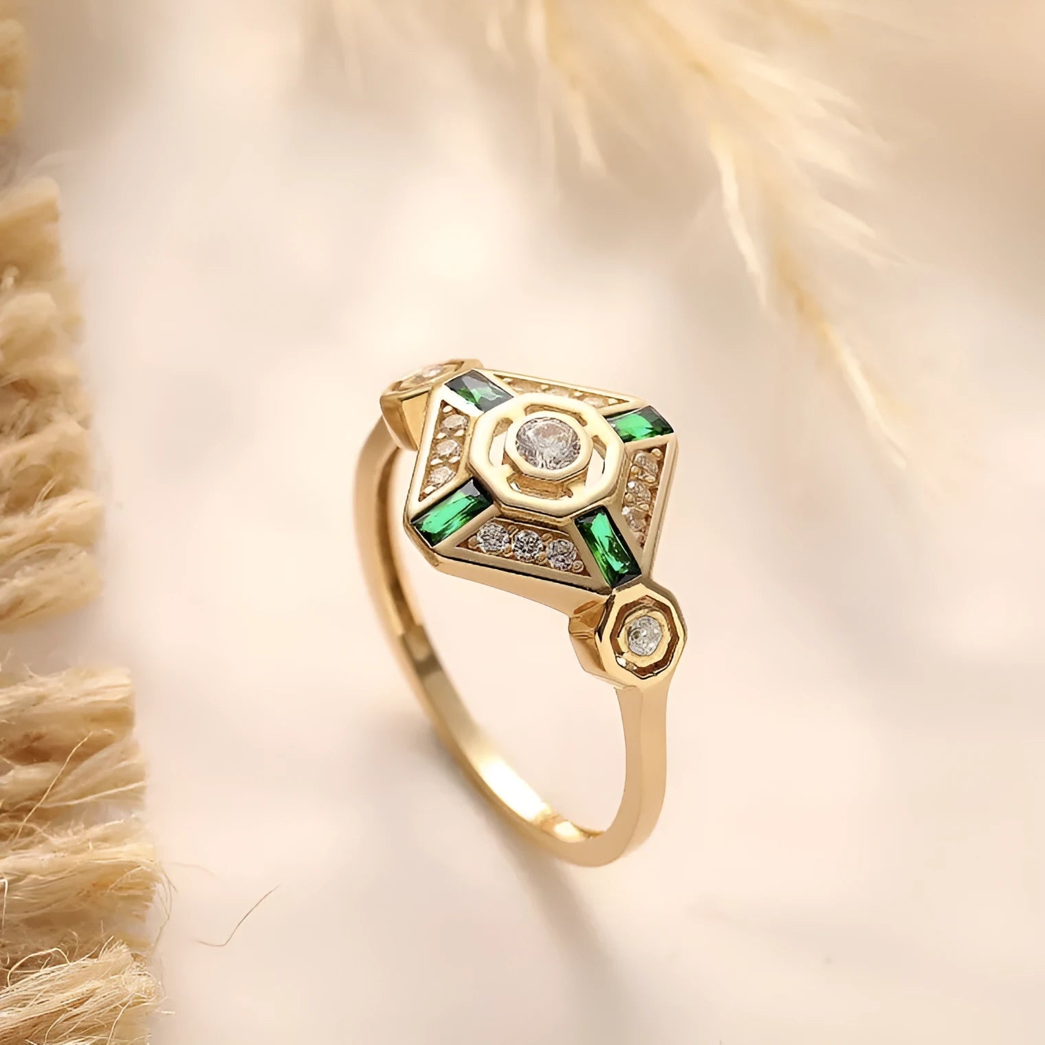 Square geometric ins-style gem ring for women in lvzuan colour, shown on a finger.