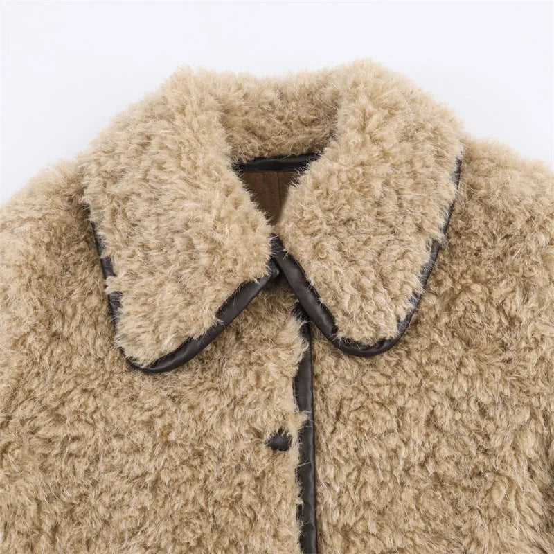 Women's fleece long overcoat in khaki with spandex blend, front view, sizes XS to L