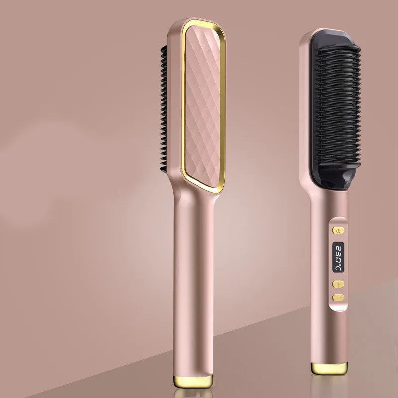 Professional hair straightener brush with tourmaline ceramic heat conductor, 16 gears, and anti-scalding design in gold and white.