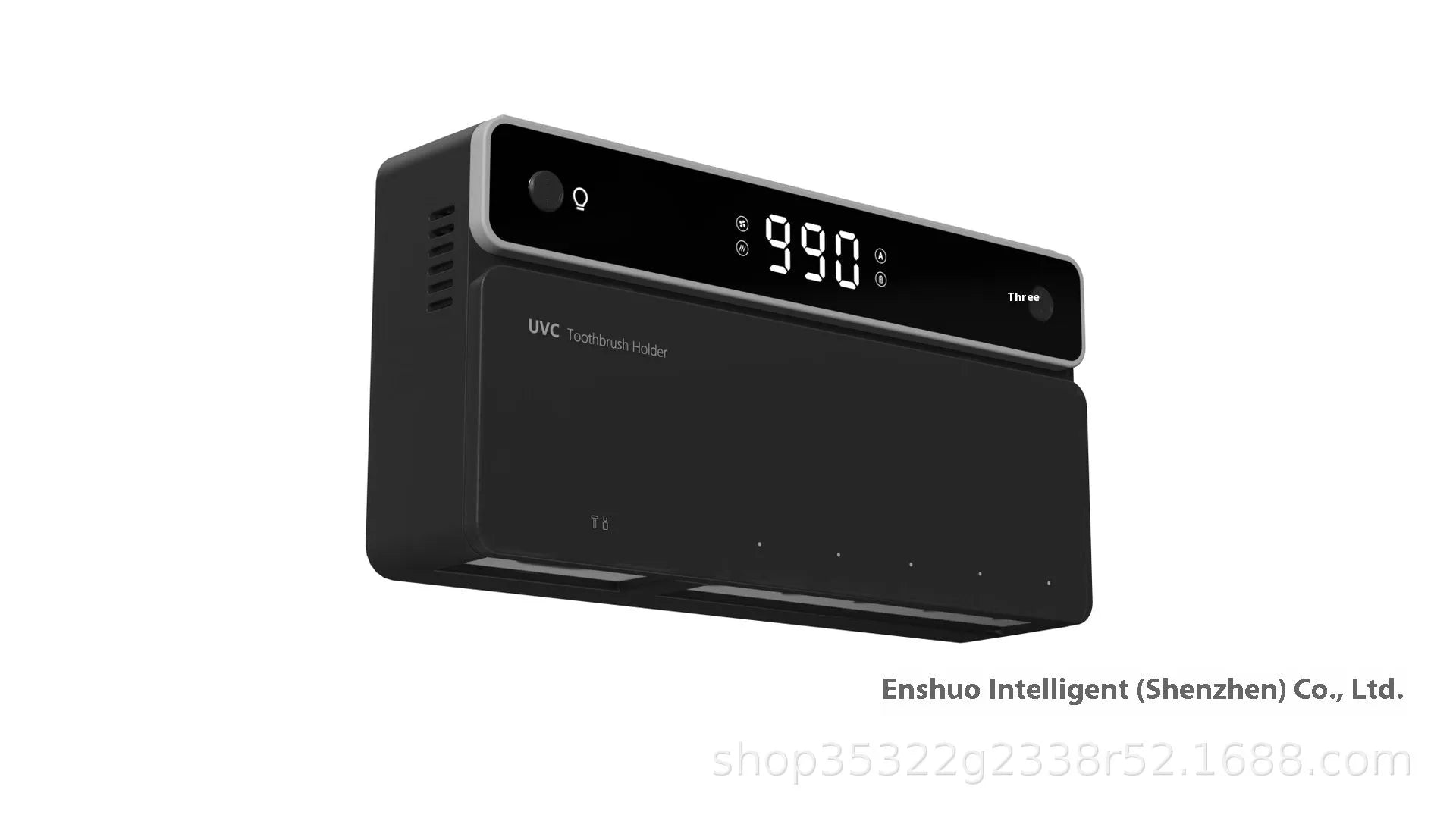 Black toothbrush sterilizer mounted on bathroom wall with UV disinfection and automatic drying