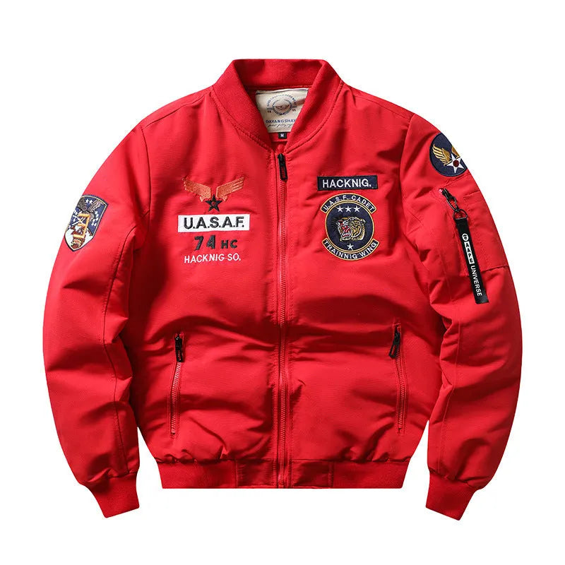 A man's slim-fit black retro motorcycle jacket with a stand collar, embroidery detail, and patch pockets.