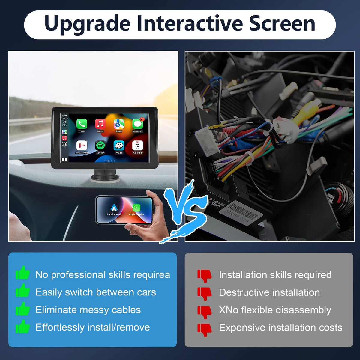 Portable car stereo with 7-inch touchscreen showing CarPlay interface, plastic body, and AUX cable