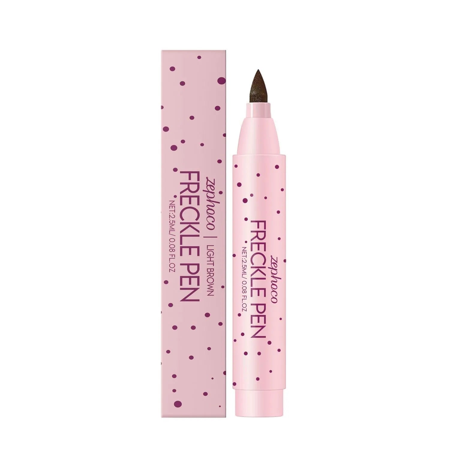 Close-up of a freckle pen applicator with cap, showing dark brown ink tip for precise dot application on skin.