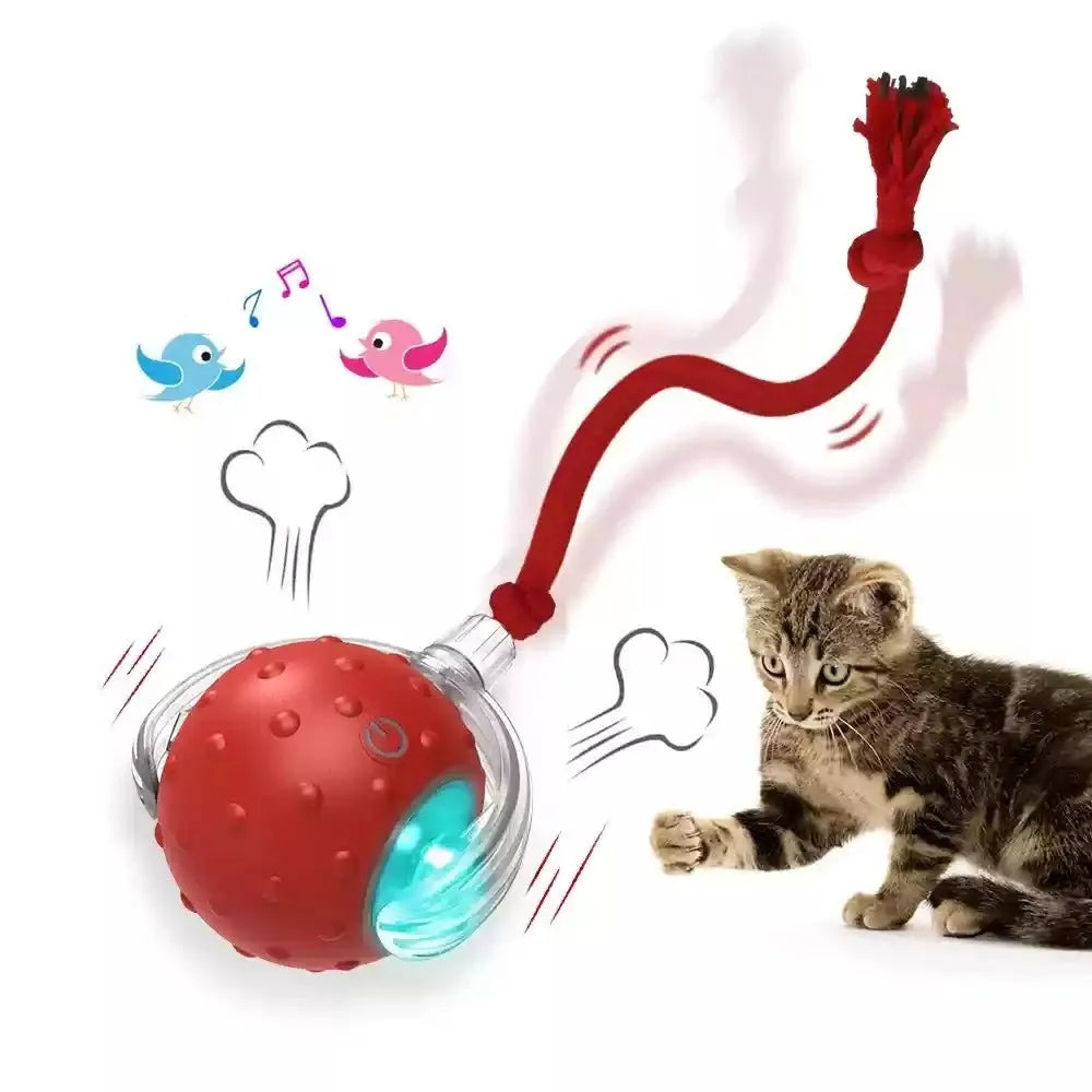 Blue and red interactive cat rolling ball toy for indoor feline enrichment