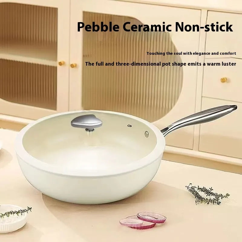 28cm pebble ceramic non-stick stir fry pan with stainless steel glass lid on hob