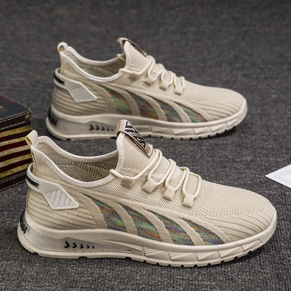 Low-top mesh sneaker in neutral colour with flat plastic sole, shown in student leisure style.