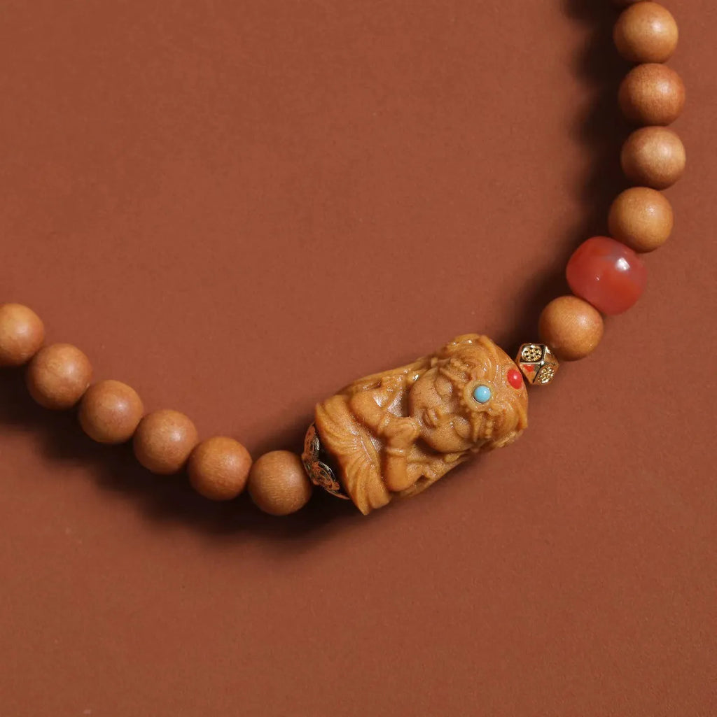 Brown wooden bracelet with South Red Zachilam pattern and double circle design on 6mm beads