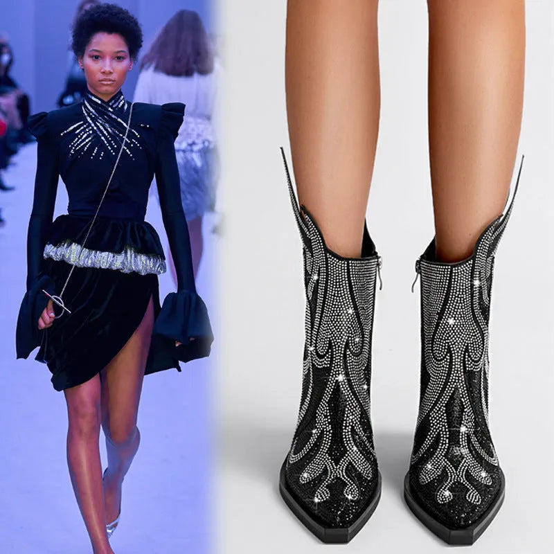 Women's black Martin boots with square toe, chunky high heel, and rhinestone flame decoration on the side.