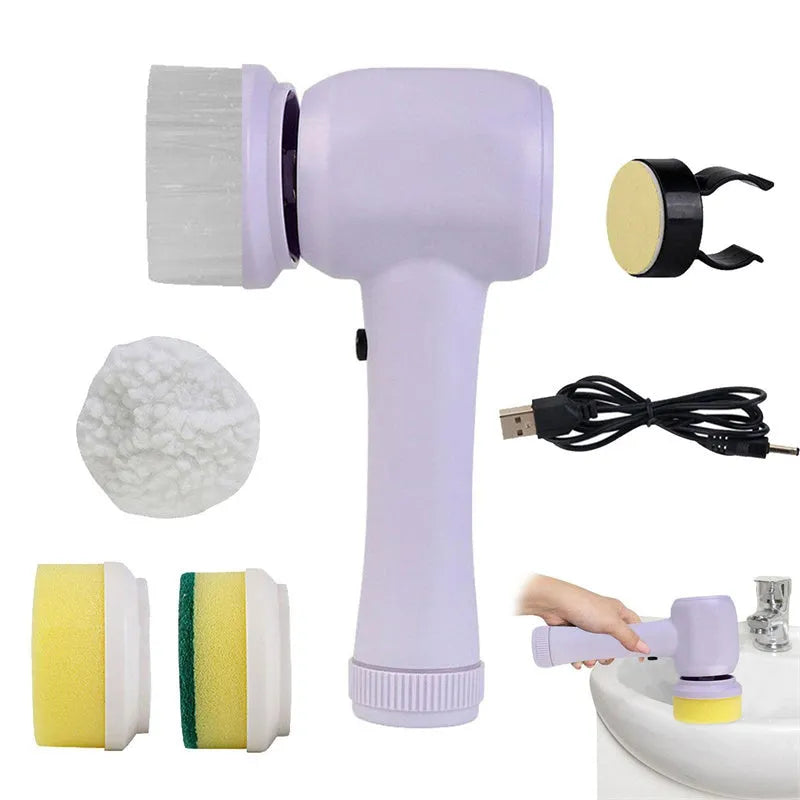 Cordless electric spin scrubber handheld cleaner with four different brush heads on a white background.