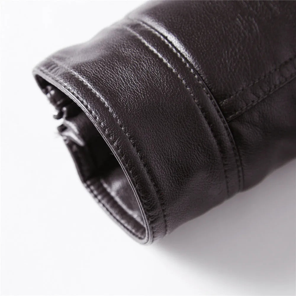 Men's motorcycle jacket with stand-up collar in black, red, or brown, plus velvet lining, sizes L-3XL
